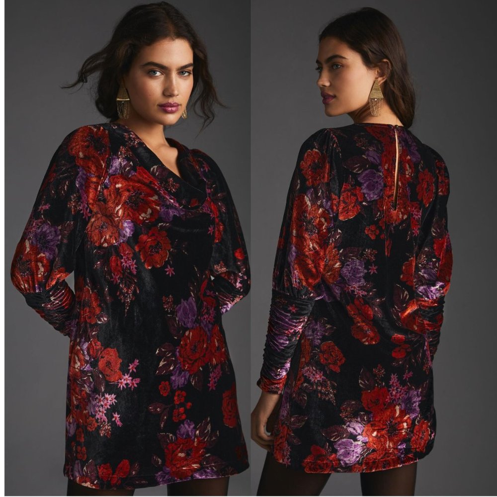 NWT Anthropologie Maeve Cowl-Neck Velvet Dress Mini Floral Black Motif